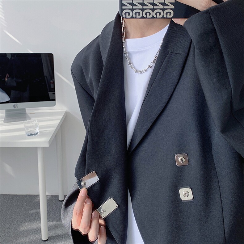 设计感小众斜门襟金属扣小西装男廓形宽松西装外套513-3-XF515,男装西服,星座512-1（原513-3）