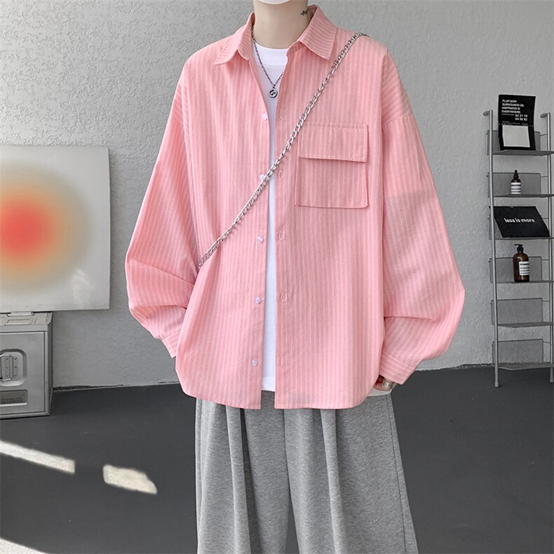 衬衫男秋季新款港风宽松大码立体口袋纯棉条纹长袖衬衣CS3099-P42，男装衬衫，星座214-3