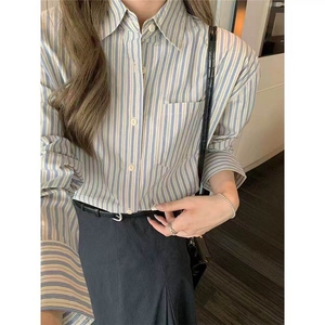 蓝色条纹通勤衬衫女新款设计感风上衣宽松衬衣513CS1876P37图片
