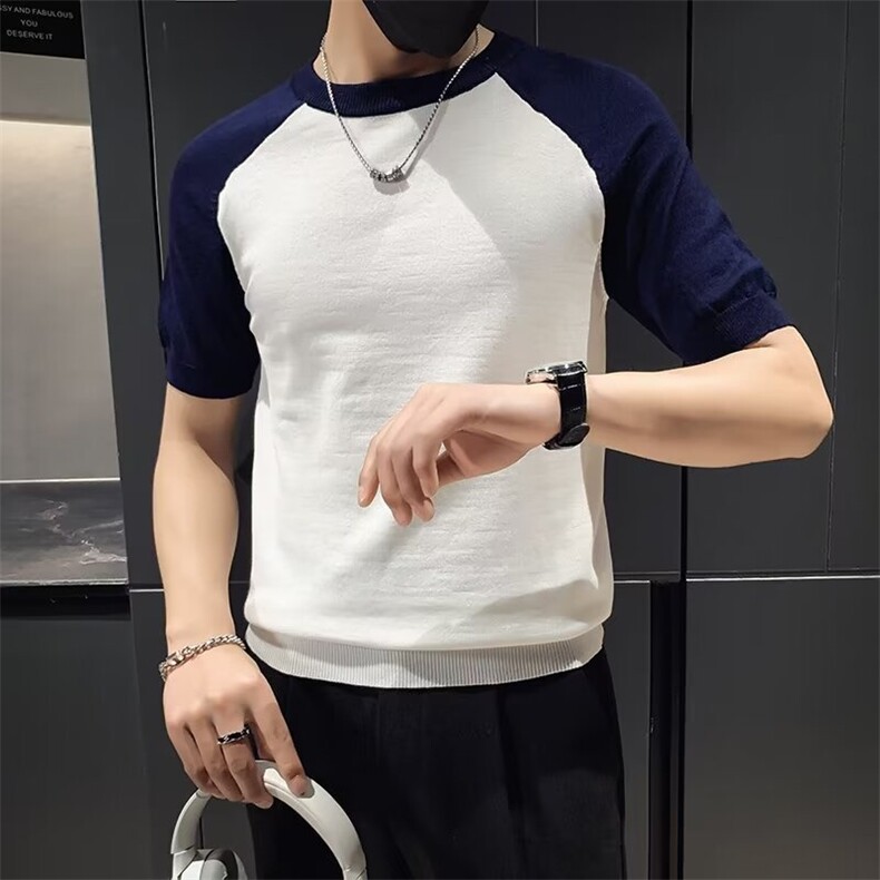夏季新款冰丝针织短袖T恤男修身时尚社会条纹半袖打底衫M866,男装T恤,星座1116A-2（原606A-1）