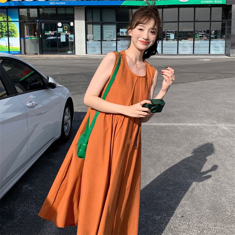 橘色无袖背心连衣裙女2024夏气质法式设计感小众压褶露背宽松长裙,女装连衣裙,浙宝276（原081）