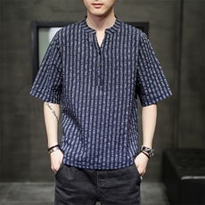风立领衬衣休闲条纹衫短袖夏季休闲仿麻T117-P55，男装T恤，电商A227