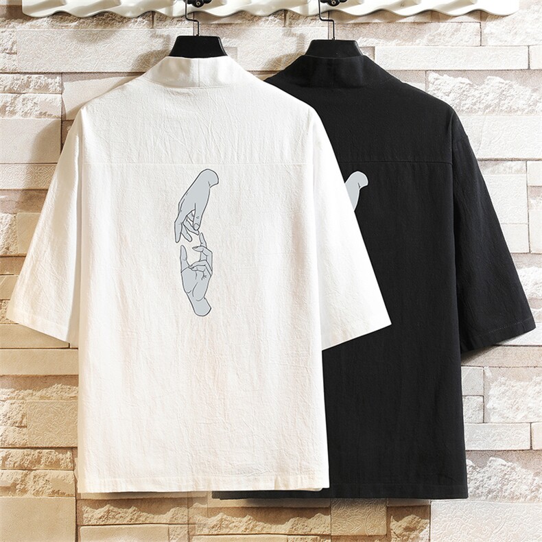 HF59147-P40风汉服男开衫外套七分袖道袍砖墙挂拍,男装民族服装,电商A040A