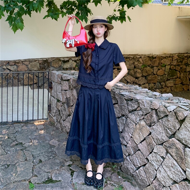 蕾丝拼接娃娃领系带上衣松紧腰半裙学院风套装女,女装套装/套裙,水衣源