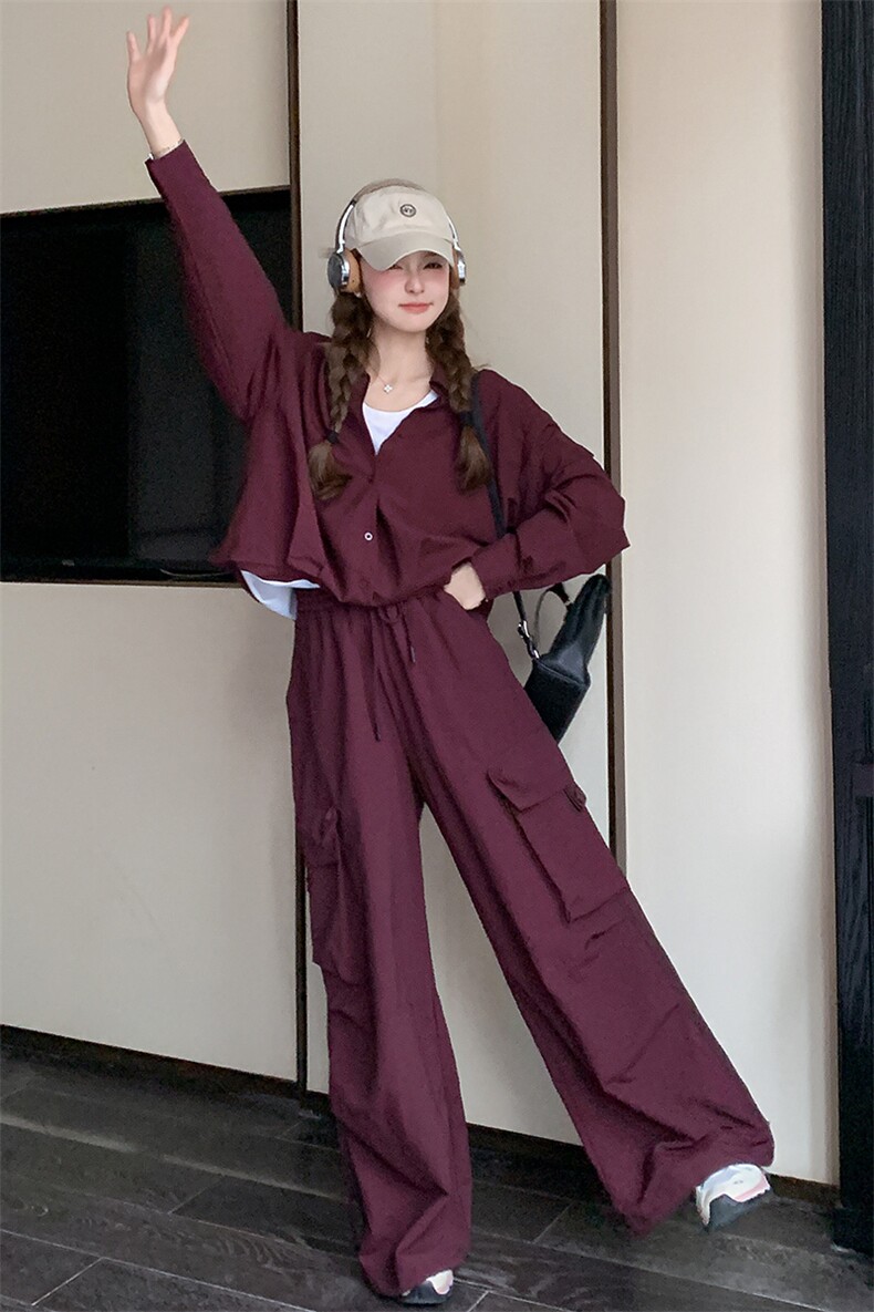 休闲时尚套装女2025春季新款高级感显瘦工装阔腿裤两件套,女装套装/套裙,纯色衣恋