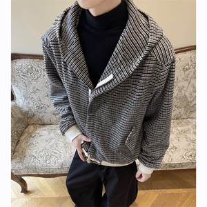 千鸟格呢子夹克男宽松百搭牛角扣休闲连帽外套 XZ514-2-4234-P108图片