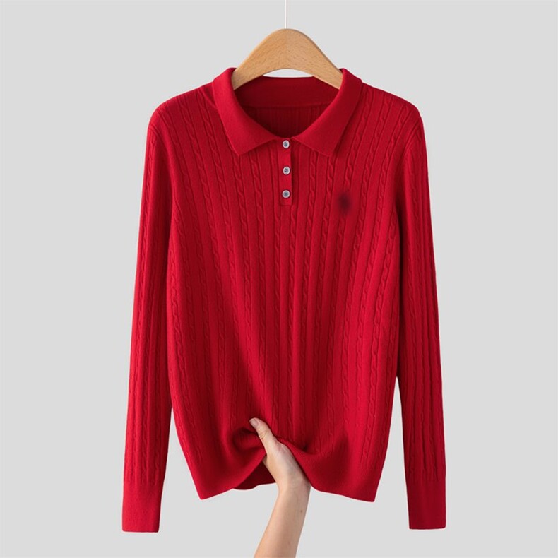 2025年秋季麻花翻领刺绣长袖加厚时尚百搭，女装针织衫/毛衣，众美斯特