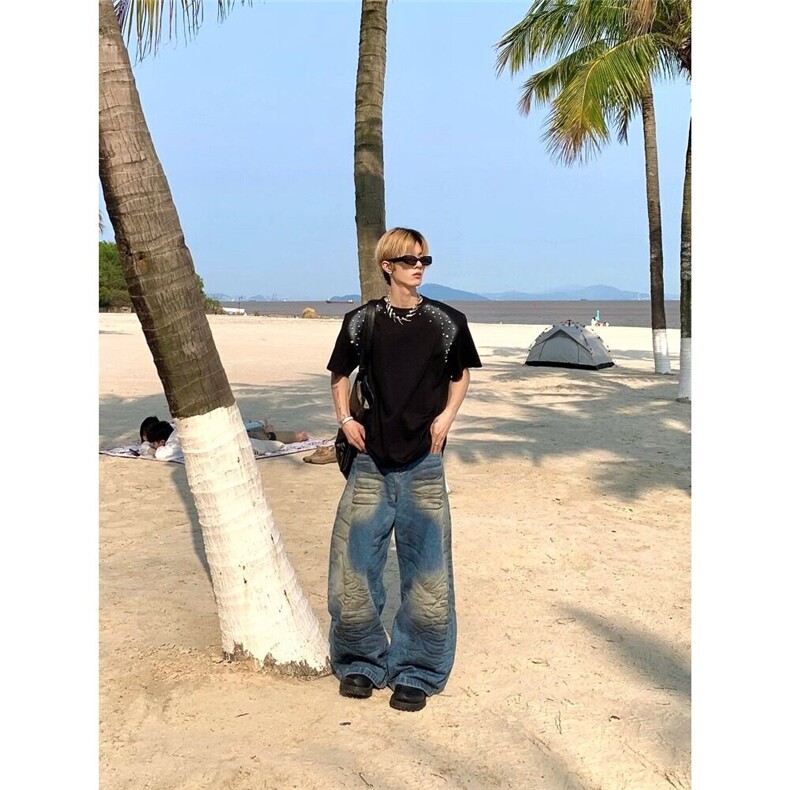 美式高级感喷绘珍珠男士个性圆领t恤夏季潮牌短袖cleanfi,男装T恤,星座218-1（原230）