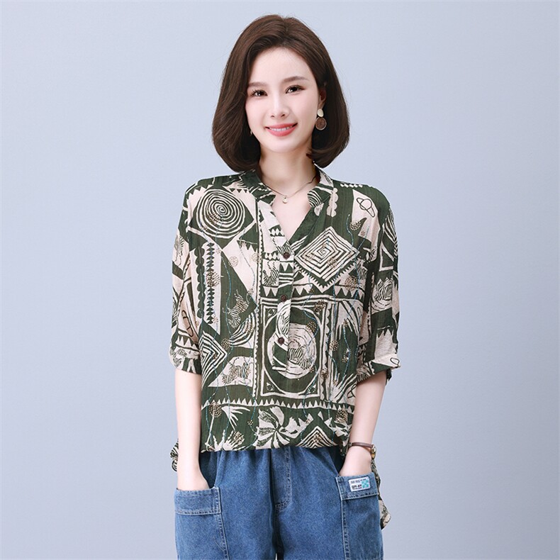 时尚宽松拼接印花镶钻短袖上衣显瘦百搭气质女装衬衫,女装衬衫,叶笙衣