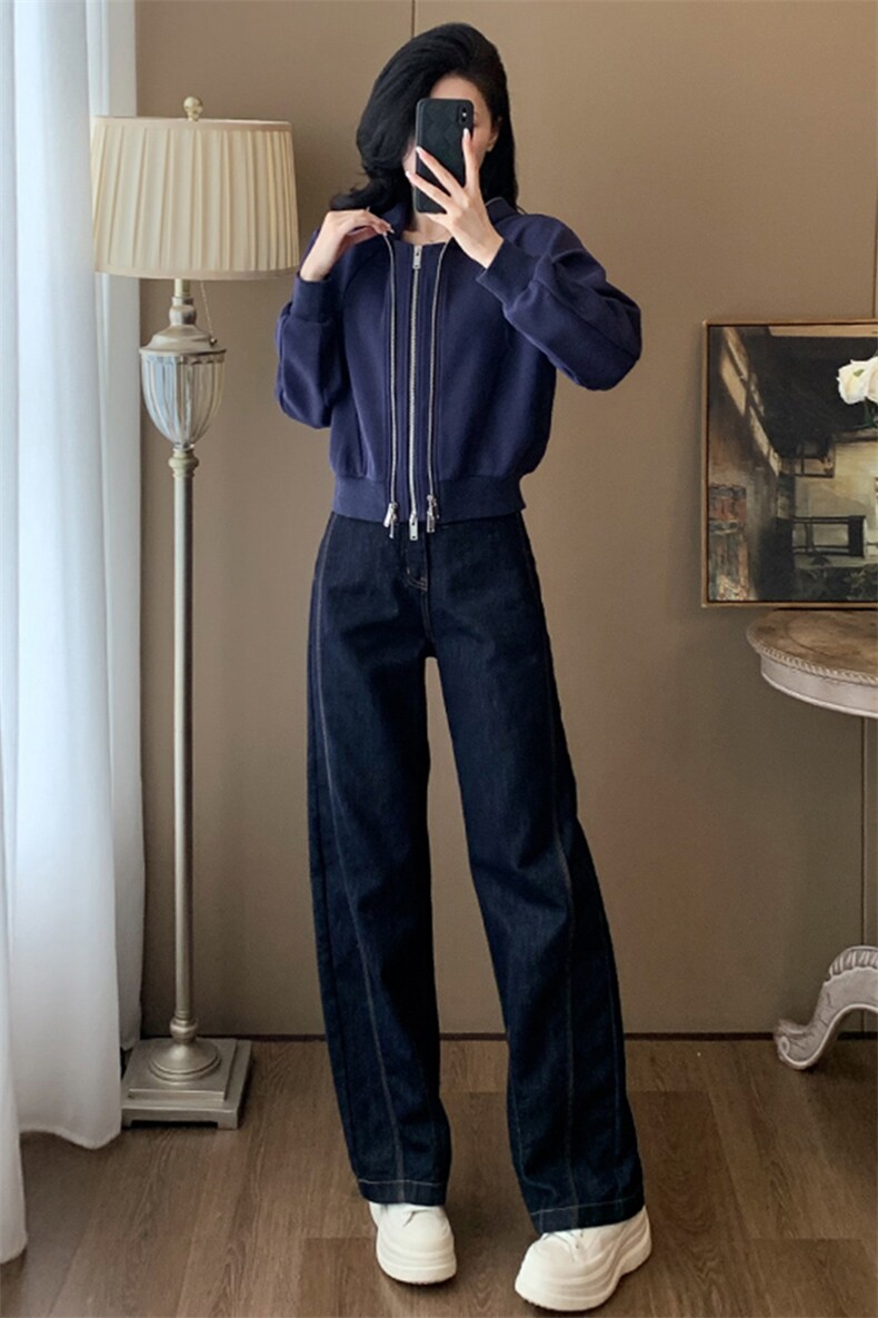 时尚女秋冬季加绒连帽卫衣牛仔长裤套装显瘦高腰直筒裤休闲百搭两件套,女装套装/套裙,江南