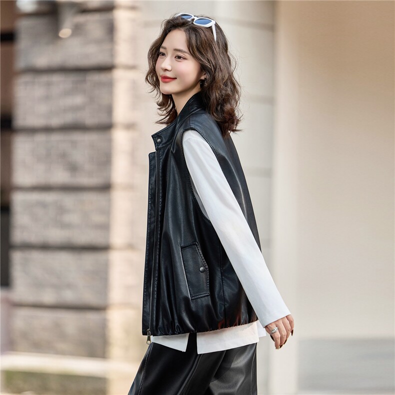 时髦个性立领皮衣马甲短外套女2025秋季新款宽松显瘦外穿拉链马夹,女装马甲,臻衣坊