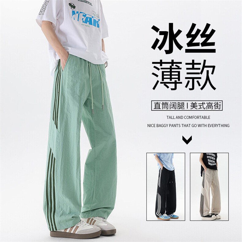 美式高街条纹裤子男夏季冰丝宽松冲锋户外直筒休闲阔腿裤KZ048P50图片