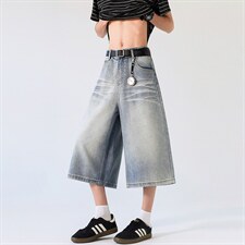 美式复古阔腿七分牛仔裤男女夏季宽松休闲直筒中裤K7008P50，男装牛仔裤，电商D325