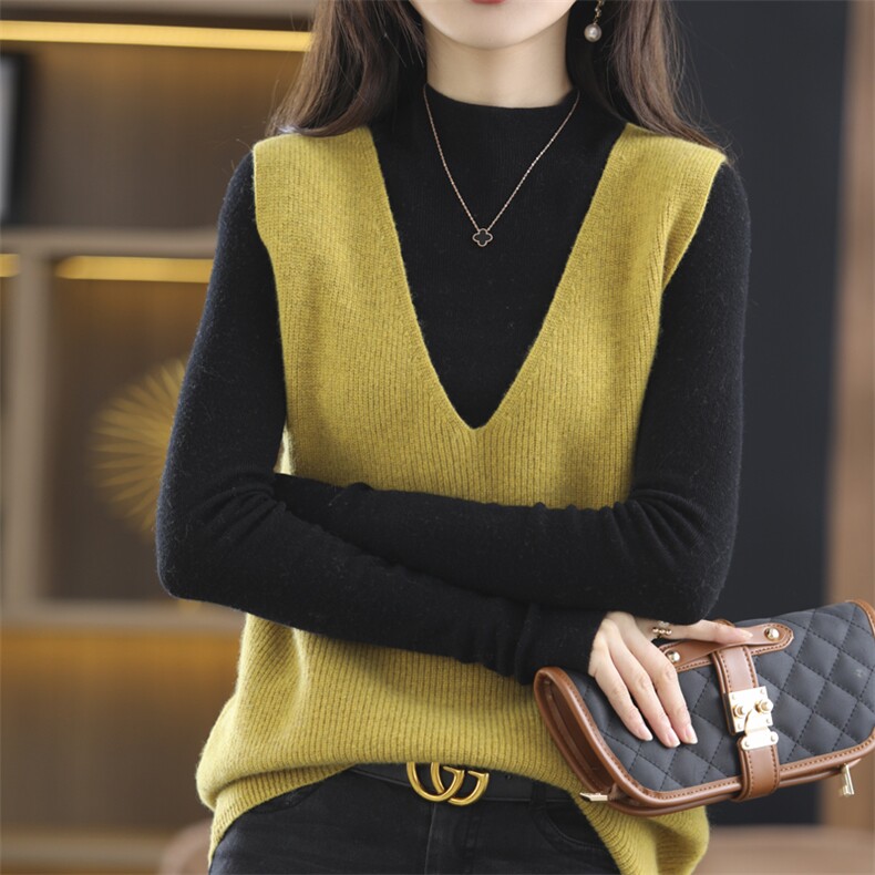 时尚V领无袖羊毛马甲女秋冬季新款百搭显瘦针织背心外套,女装马甲,冀清阳荣
