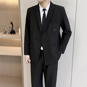 2026春季男装深黛蓝色绅士双排扣西装欧美大气戗驳领西服两件套装图片