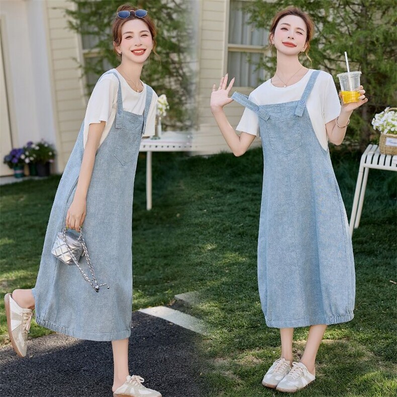 淡蓝色牛仔背带连衣裙两件套女夏季巨好看学院风减龄韩系套装chic,女装套装/套裙,慧尚依恋