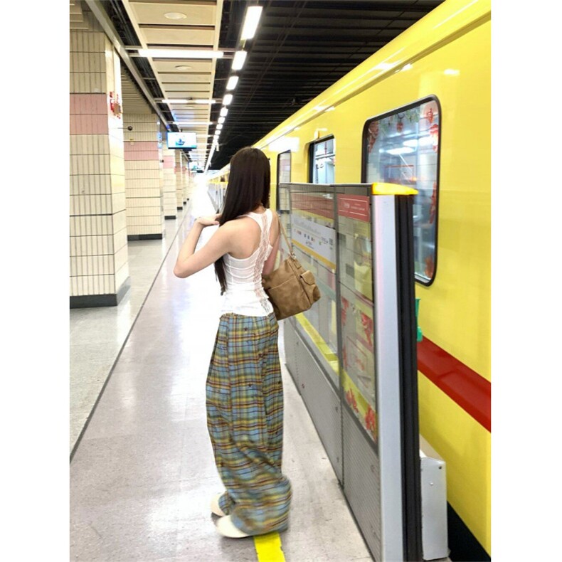 AK2355-P50夏季新款辣妹复古格纹休闲裤宽松阔腿拖地裤,女装休闲裤,星座617A-2