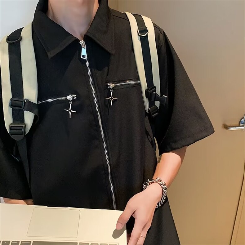 美式复古星星金属拉链短袖衬衫潮男女夏季宽松翻领五分袖衬衣外套,男装衬衫,星座601-2