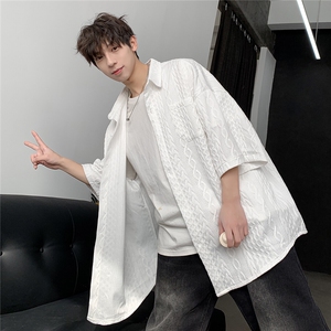 2026夏男翻领短袖五分袖衬衫潮牌男青少年衬衣 CS110/特P25 白色5图片