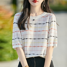天丝针织条纹正肩短袖T恤女2025夏季大码薄款宽松圆领半袖t恤上衣，女装针织衫/毛衣，郡淞羊绒