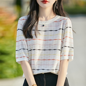 天丝针织条纹正肩短袖T恤女2025夏季大码薄款宽松圆领半袖t恤上衣图片