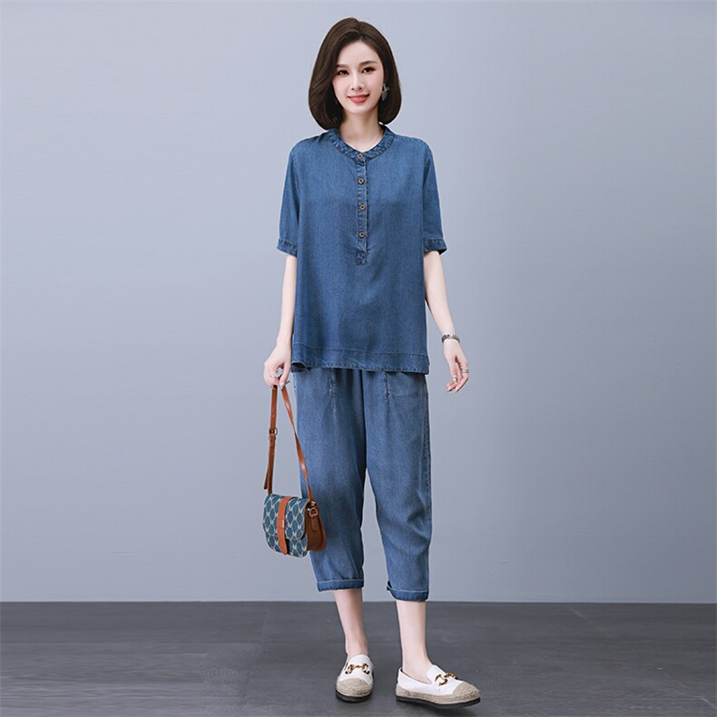 2023夏季新款时尚气质圆领显瘦休闲舒适牛仔两件套,女装套装/套裙,独衣靓