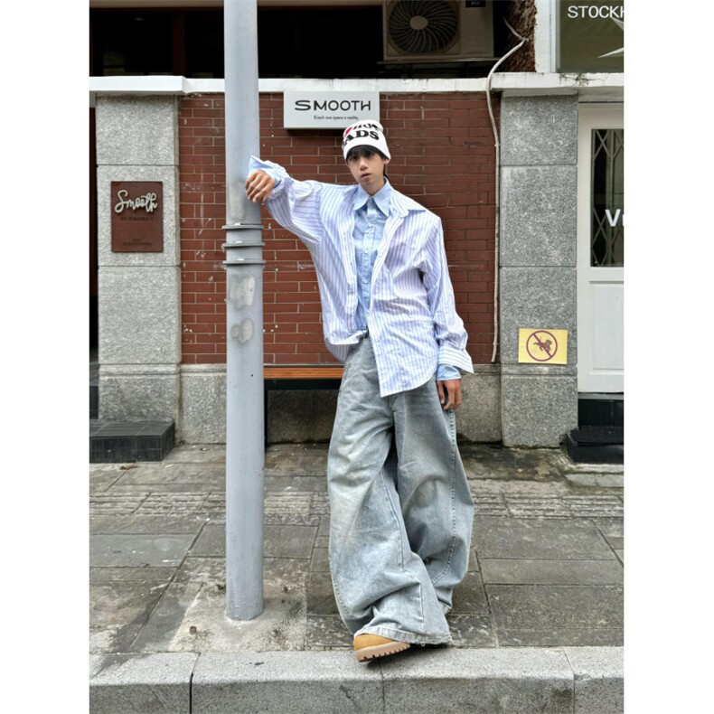 CS68-P68现货秋装新款条纹拼接假2件休闲衬衫宽松百搭衬衣,男装衬衫,电商B327