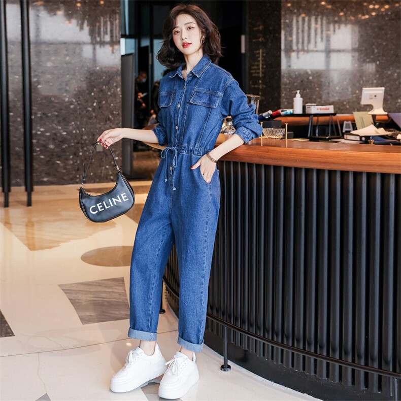 配披肩牛仔连体女2022年春季新款韩版时尚工装宽松收腰休闲连衣裤,女装连体裤,辉之琳
