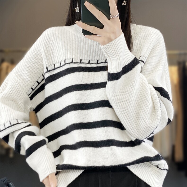 女士秋冬季新款时尚撞色半高领羊毛衫长袖,女装羊毛衫,奢优羊绒