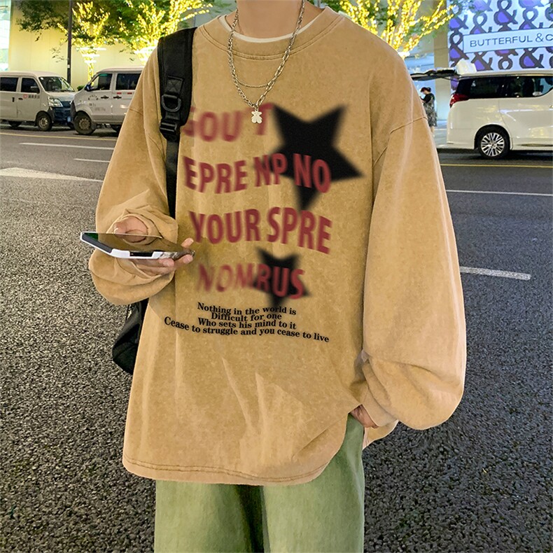 直播品质重磅纯棉美式蜡染水洗做旧潮牌宽松长袖t恤CT293特P38,男装T恤,电商A486