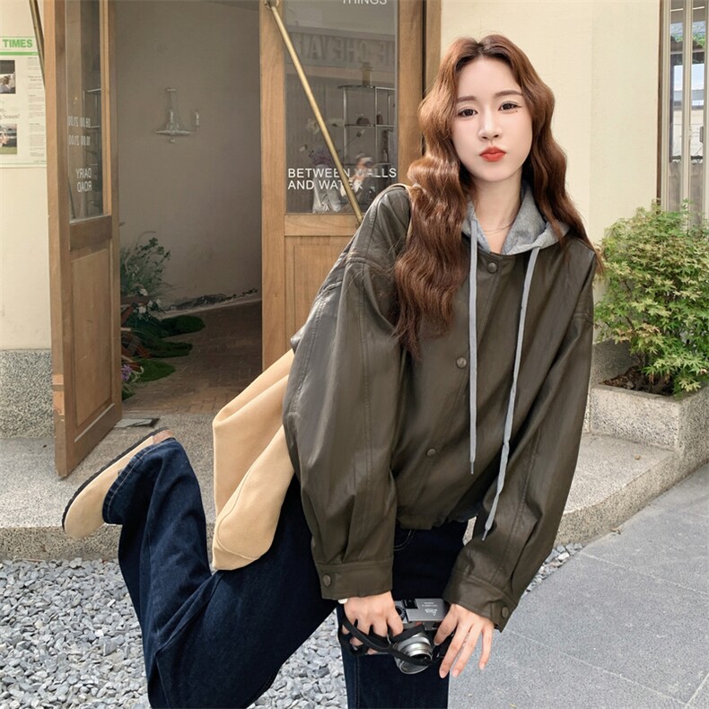 美式复古连帽假两件短款皮衣外套女春秋超火好看高级小众夹克上衣,女装短外套,2C170
