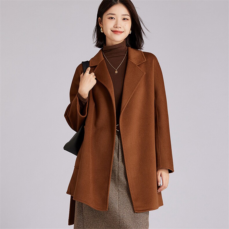 秋冬新款经典色简约气质中长款百搭羊毛大衣女，女装双面呢大衣，羊程大衣