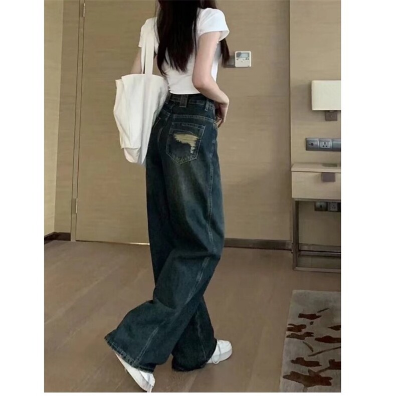 加厚高腰复古毛边牛仔裤女洞宽松阔脚裤破洞牛仔布阔腿裤深色长裤,男装牛仔裤,星座1210-1