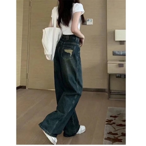 加厚高腰复古毛边牛仔裤女洞宽松阔脚裤破洞牛仔布阔腿裤深色长裤图片