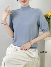 秋冬季羊毛休闲简约时尚百搭螺纹半高领短袖羊毛衫，女装羊毛衫，纳驰羊绒