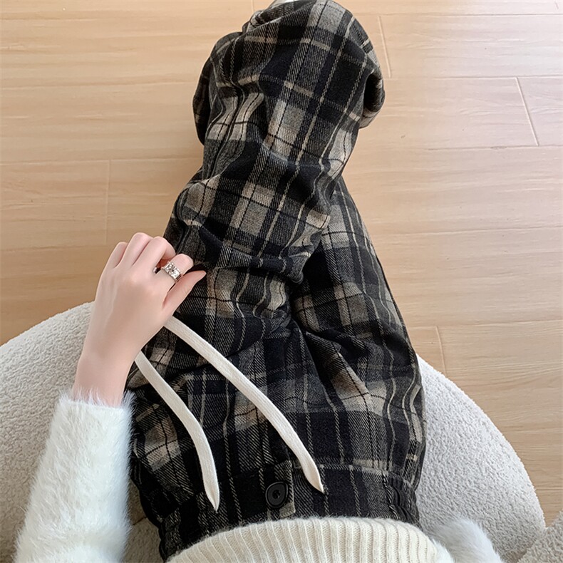 撞色呢子加绒格子西装裤女秋冬拖地直筒裤高腰垂感毛呢阔腿裤子,女装休闲裤,云美莎专业女裤-全店现货