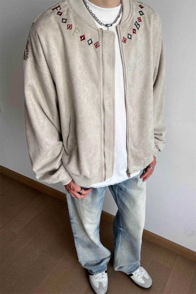 腰果花刺绣拼接麂皮棒球服夹克JK812特P95,男装夹克,星座908-1