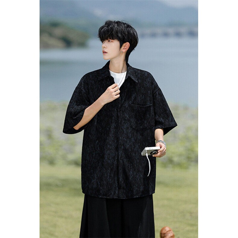 8XL-M肌理褶皱冰丝短袖衬衫男夏薄款半袖防晒衬衣外套DC28010P45，男装衬衫，电商B312