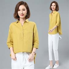 棉麻衬衫女短袖韩版显瘦大码前短后长遮肚子衬衣夏季亚麻上衣女，女装衬衫，希欧阁