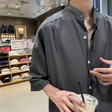冰丝正肩垂感衬衫男短袖夏季高级感廓形衬衣薄款新中式立领七分袖，男装衬衫，星座601-2