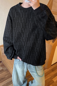 美式扎染格纹卫衣男款立秋穿搭正肩长袖T恤cleanfit杏色薄款上衣图片