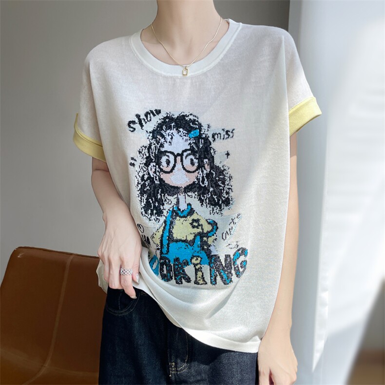 夏季新款竹节麻卷发眼镜女孩短袖女修身显瘦百搭时尚休闲上衣潮,女装T恤,暖娇绒包芯纱店