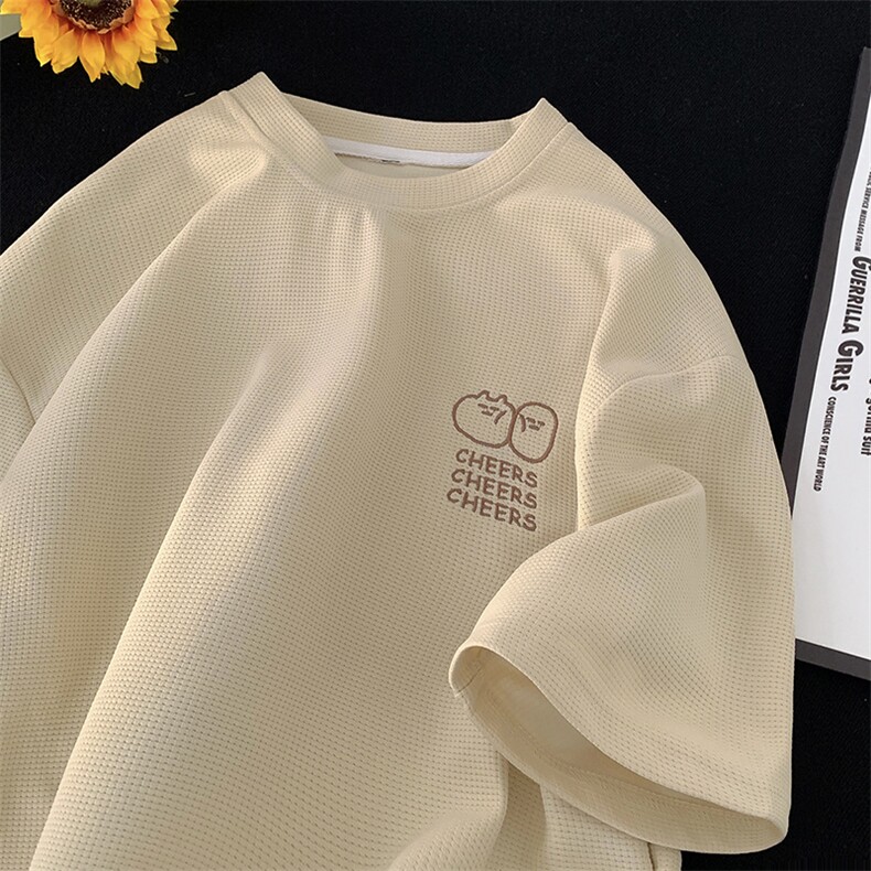 高转化 港风华夫格刺绣宽松短袖男T恤 X416b-1-DT399-P25限39图片