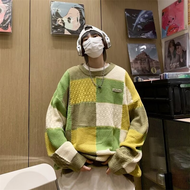 秋冬格子毛衣男圆领套头潮牌日系美式复古拼色加厚针织衫7031-P56,男装针织衫/毛衣,星座1109-3