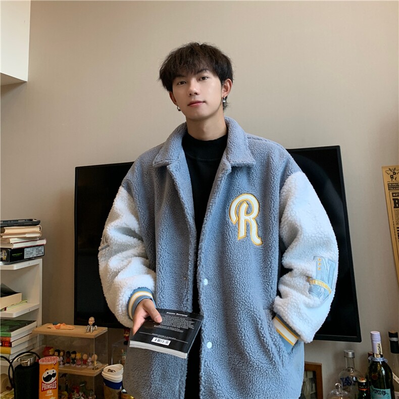 特P75秋冬羊羔毛毛巾绣保暖外套男冬季港风宽松拼接YG256,男装棉衣,电商B370