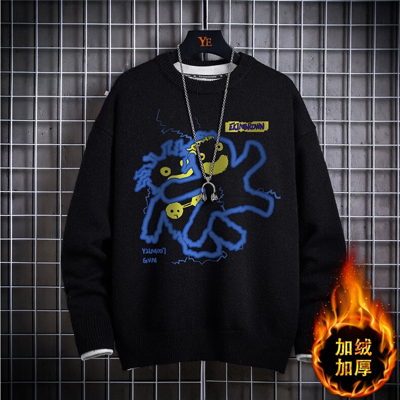 1日系圆领宽松中性情侣潮流大码M-5XL印花毛衣男7831P48加绒P55图片