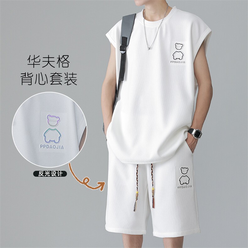 特P35无差价华夫格风坎肩背心T恤短裤休闲运动两件套装TZ072,男装休闲套装,电商A082