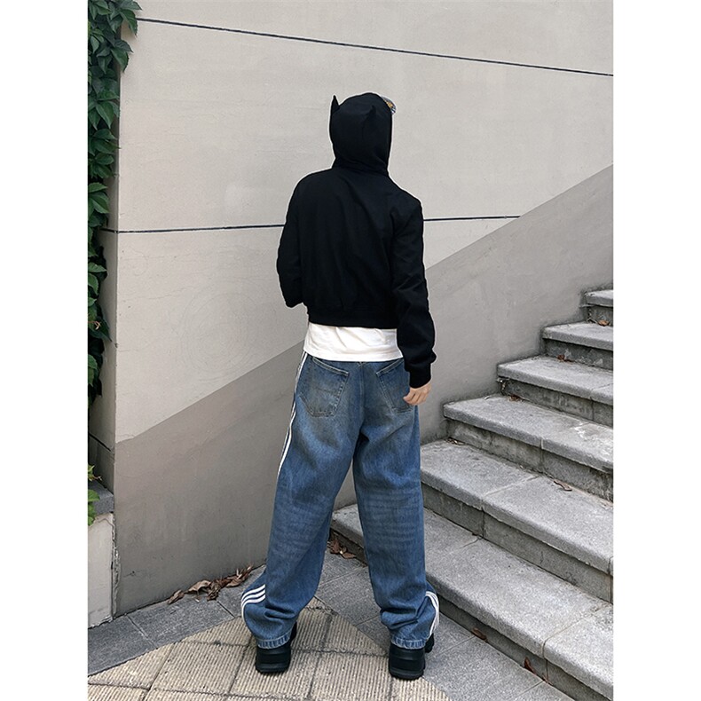 B221美式ins高街小众宽松三条杠运动牛仔裤LK23130-P60控78,男装牛仔裤,电商B221