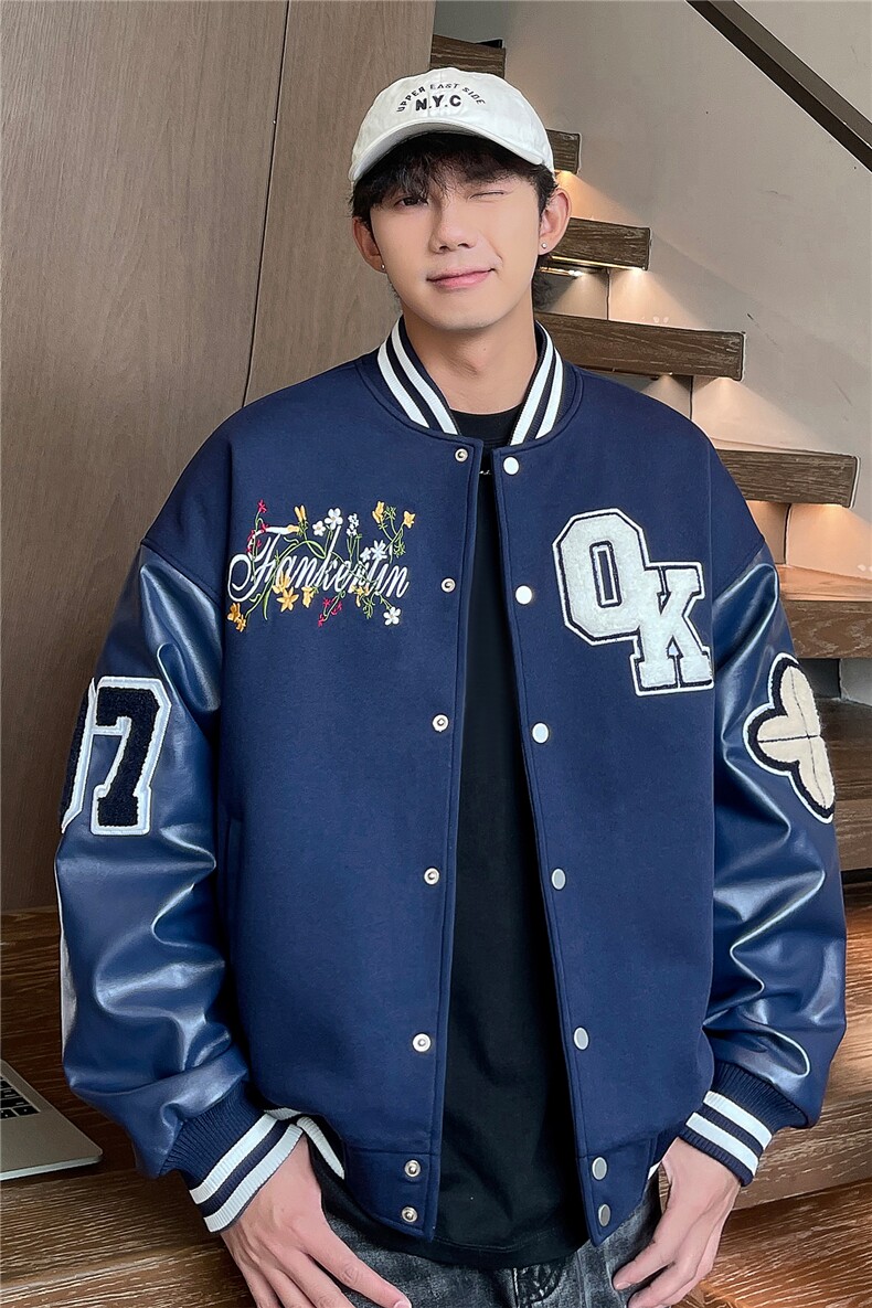 JK5872-P85美式拼接刺绣PU皮撞色棒球服飞行员夹克外套控149,男装夹克,星座109