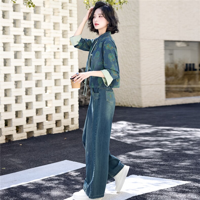 新中式复古盘扣牛仔套装女2025春秋新款印花改良唐装阔腿裤两件套,女装套装/套裙,欣品汇